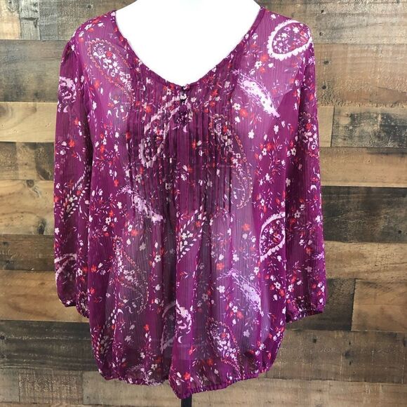 St. John’s Bay Blouse Semi Sheer Purple Paisley Print Tie Front 3/4 Sleeves XL - Picture 12 of 12